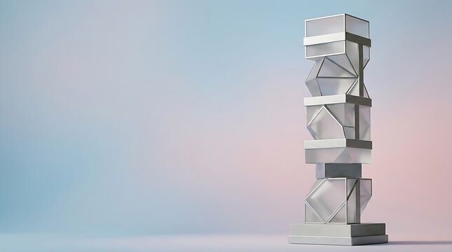 Futuristic abstract architectural glass sculpture with geometric facets on minimalist soft pastel gradient background