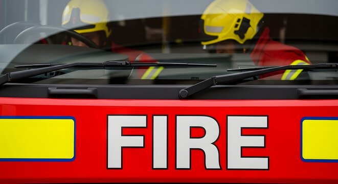 Close-up of fire truck with firefighters in background