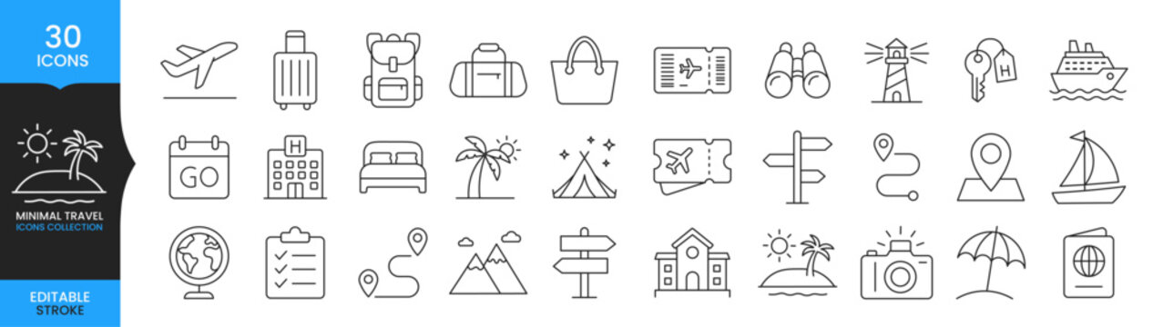 Travel Icon Set, Tourism Line Icons, Vacation Trip Symbols, Flight Hotel Map Location Icons, Editable Stroke Minimal Travel Collection