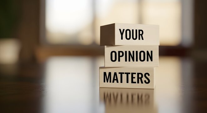 close up slow motion wooden blocks spelling your opinion matters in office background