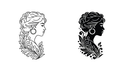 Elegant female profile portrait with ornate floral embellishments in classic black and white vector illustration for beauty and fashion branding © PenTool
