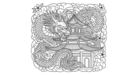 Fototapeta premium Japanese Dragon and Pagoda Illustration - Coloring Page