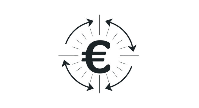 Euro currency symbol with circular arrows indicating exchange or movement, symbolizing finance and economic transactions in a clean graphic design