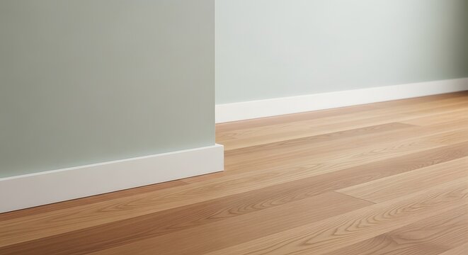 Close-up of wooden floor with white baseboard and light green wall