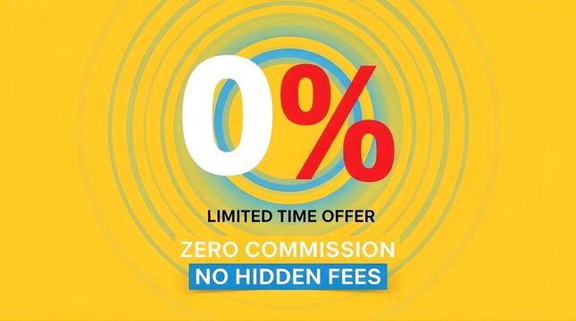 Vibrant yellow background with large white and red zero percent symbol advertising limited time offer zero commission and no hidden fees eye-catching design for financial promotions marketing material