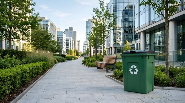 Large green recycling container placed along clean pedestrian walkway in modern corporate district with tall glass office buildings and manicured landscaping under bright clear daylight conditions