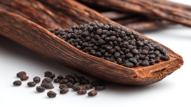 Close-up of a wooden spoon filled with tiny black vanilla seeds and scattered seeds, ingredient