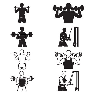 Minimal Strength Training Exercise Icons.of barbell, dumbbell, and cable machine exercises including shoulder press, bench press, curls, and triceps pushdown