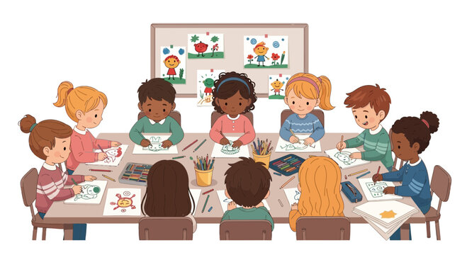 Children's Art Class: Diverse Kids Drawing Together at a Table in a Classroom