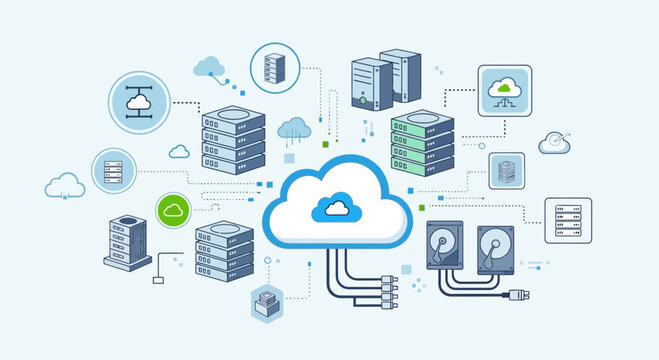 Cloud Computing Network Diagram with Servers and Data Storage