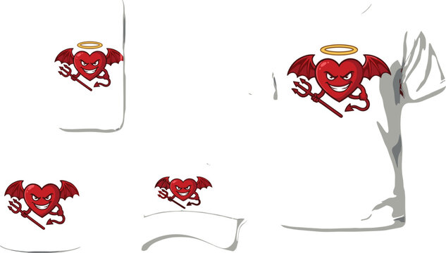 Cute devil and angel heart vector set featuring cartoon winged hearts with halo and trident in playful style