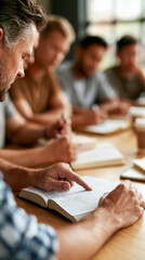 Group of men studying scripture together at Bible study meeting in church or community center