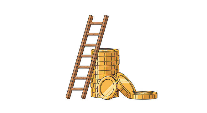 A wooden ladder leans against a stack of gold coins, symbolizing financial growth and the pursuit of wealth