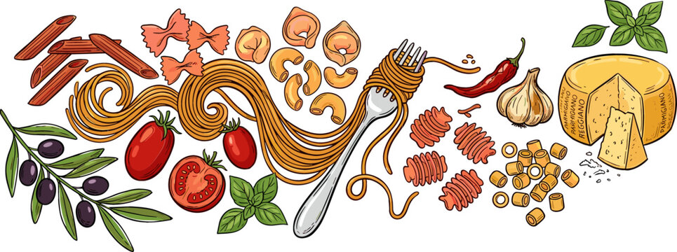 Colorful Pasta Ingredients with Garlic, Tomatoes, Cheese, and Various Pasta Shapes