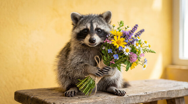 Ein niedlicher Waschb&auml;r sitzt auf einer Holzoberfl&auml;che und h&auml;lt einen bunten Wildblumenstrau&szlig; in seinen Pfoten.