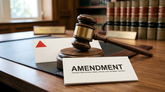 Gavel resting on a sound block with amendment document on a wooden desk in a courtroom setting, symbolizing legal changes, legislative processes, and judicial authority with law books in background