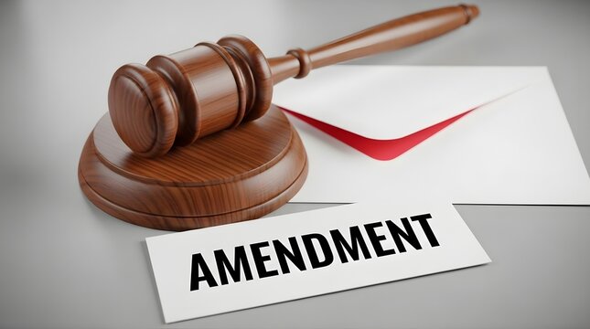 Gavel resting on a sound block with amendment document on a simple gray background, representing legal changes, legislative proposals, and judicial decisions with a clean and focused presentation