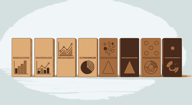 Vector illustration of business data analytics charts on wooden domino pieces, representing interconnected strategies, financial insights, and progressive growth