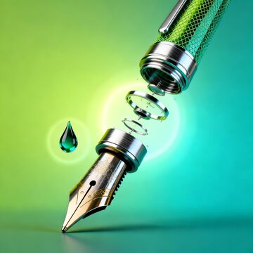 Elegant 3D Fountain Pen Exploded View with Floating Ink Drop