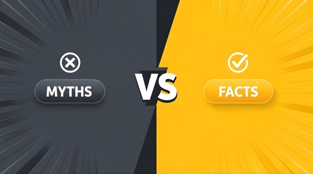 Myths vs facts concept with a large white VS symbol separating a dark gray background on the left and a bright yellow background on the right, each with text boxes indicating their respective themes