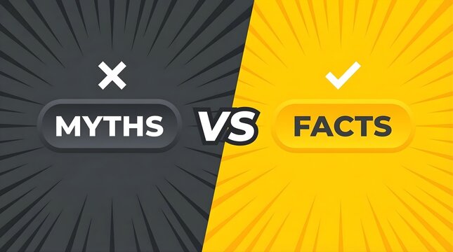 Animated split screen graphic with myths vs facts text separated by a large white VS symbol against a dark gray and bright yellow radial burst background