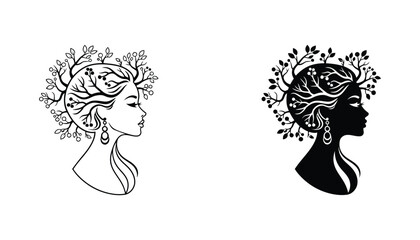 Profile portrait of woman with tree branches and berries integrated into hair in black and white vector illustration for nature and eco-friendly wellness branding © Stroke