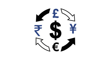 Fototapeta premium Vector illustration of currency exchange symbols forming a circular arrow pattern with a dollar sign at the center