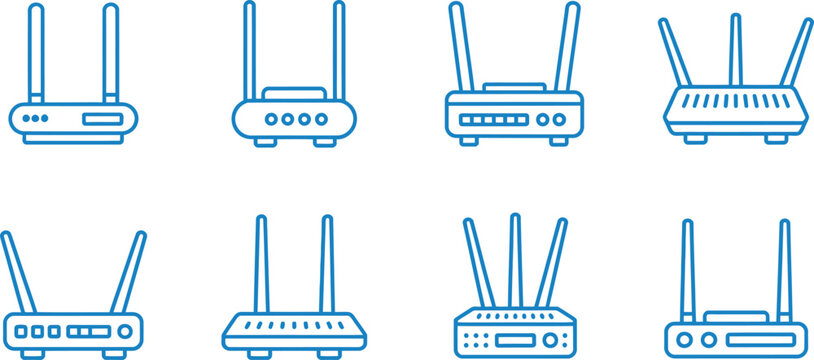 Wireless router icons, WiFi access points, network devices, internet connectivity symbols, blue line illustrations
