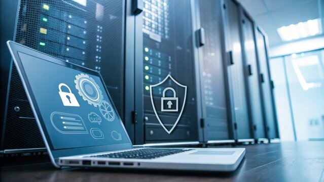 Laptop displaying cybersecurity icons in a server room, emphasizing data protection and network security.