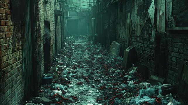 Abandoned Narrow Alleyway with Debris and Fog