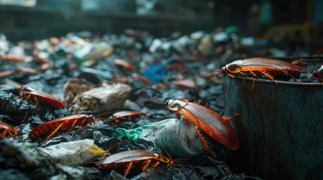 Swarm Cockroaches Over Trash Dim Environment
