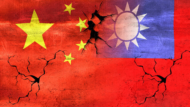 China and Taiwan flags intertwined: Illustrating cooperation, political tensions, and embargoes in diplomacy and economy.