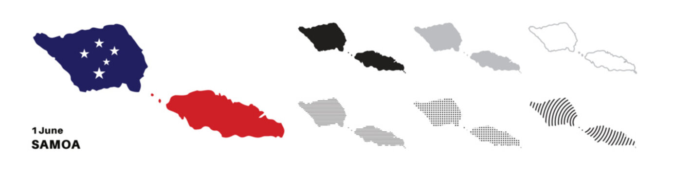 Set of isolated Samoa maps. Samoa flag overlaid with flag proportions. Maps and traveling around the world