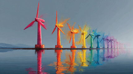 Naklejka premium Colorful wind turbines standing in calm water representing renewable energy