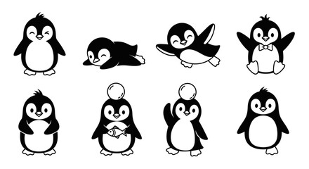 Cute Cartoon Penguin Characters Various Poses. © nurfa