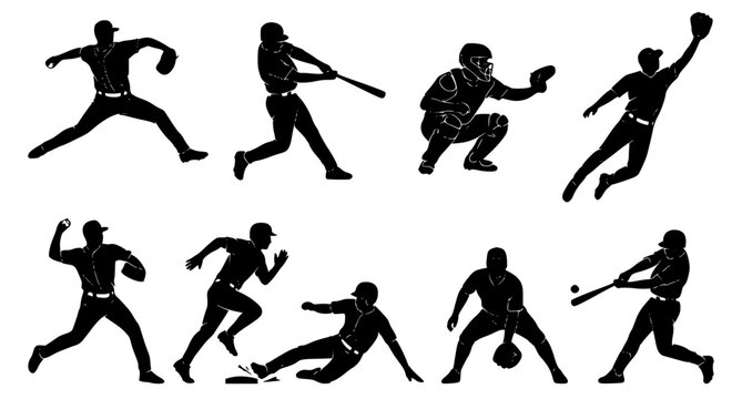 Baseball Action Silhouettes Vector Collection Featuring Batting Running and Fielding Players