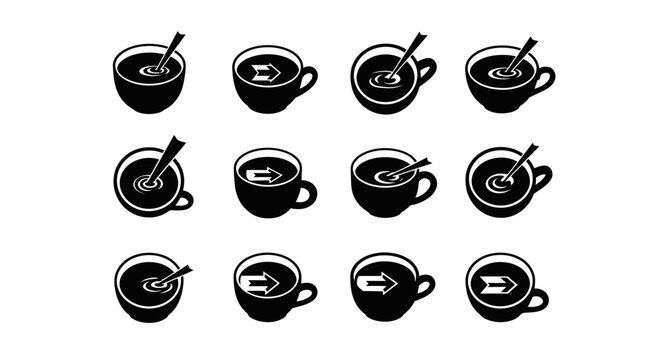 Isometric coffee cup icons from top view featuring stirring spoons ripples and arrow symbols representing movement and temperature in modern beverage design