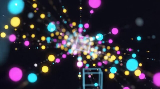 Abstract digital space with colorful glowing spheres and cube frames, technology design for modern backgrounds.
