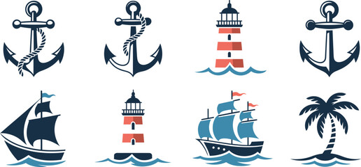 Nautical icons, marine symbols, anchor lighthouses, sailing ships, vector graphics © yamin678