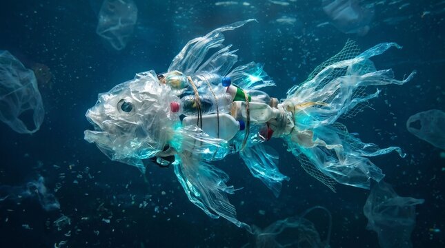 A striking fish sculpture crafted from discarded plastic waste, swimming amidst a sea of plastic bags, highlighting the severe problem of ocean pollution and its impact on marine life.
