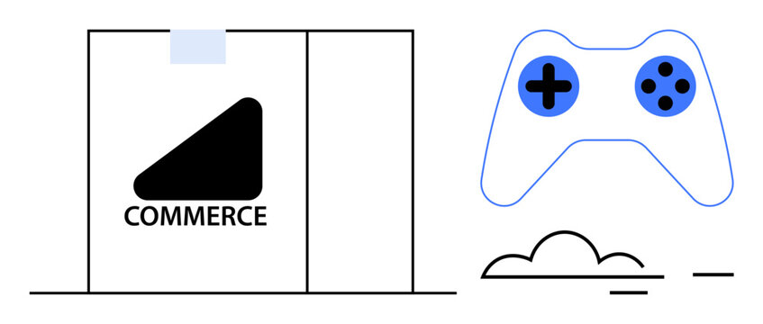 E-commerce, gaming, technology, cloud storage, digital platforms, online services. Box with commerce logo, game controller and cloud symbols. E-commerce and gaming industry concept