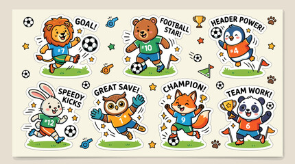 Fototapeta premium Cute animal mascots play soccer in a fun sticker set with various sports actions and expressions.