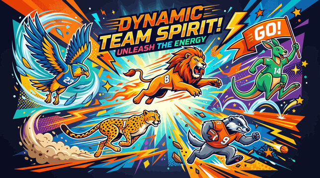 Dynamic mascot composition with motion lines and energetic team spirit