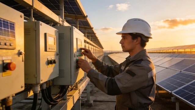 Man working on solar panel control boxes