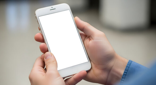 Person holding a smartphone with a blank screen in their hands