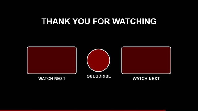 Minimalist black and red YouTube outro end screen with subscribe button and video placeholders