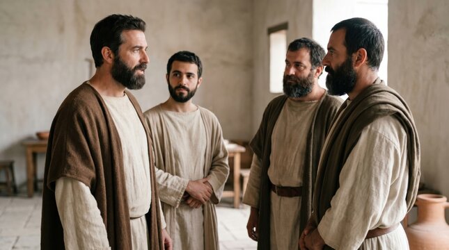 Four bearded men wearing historical tunics talking inside a rustic stone building. Biblical scene portraying Roman centurion messengers and apostle Peter. Ancient history spirituality.