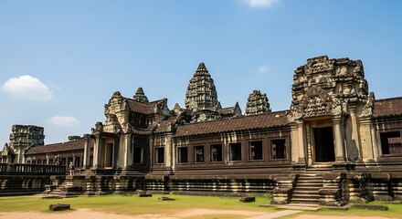 Obraz premium Angkor Wat Temple in Cambodia under a blue sky.