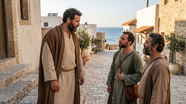 Three men in ancient clothing talking on a stone street. Biblical scene of servants of Cornelius meeting saint Peter in Joppa. Historical drama storytelling based on the New Testament.