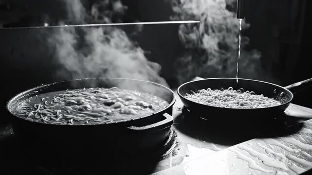 Black and white shot of steaming noodles cooking in large pots and pans with water drizzling in